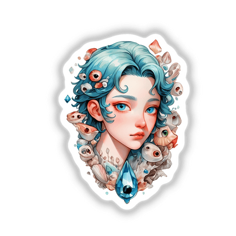 Sea-Inspired Anatomy Sticker: cartoon woman with blue hair adorned with coral reefs and shells, many eyes, holding a diamond. Available as stickers or digital artwork from Decal Venue.