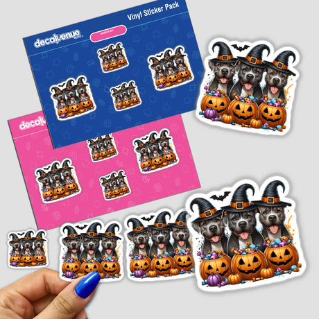 Halloween Trick or Treat Pitbull Trio Dogs stickers featuring cartoon pitbulls in hats with pumpkins. A close-up shows a person's finger pointing at one sticker.