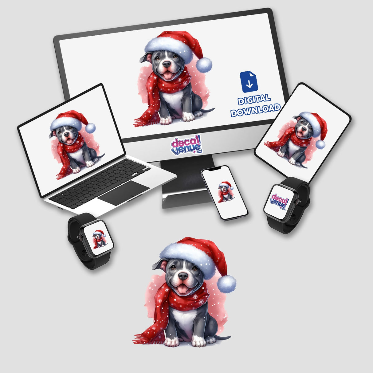 Watercolor Christmas Pitbull Dog in Santa Hat, depicted on a computer and laptop screen, available as stickers or digital artwork. The dog wears a festive hat and scarf, exuding holiday cheer.