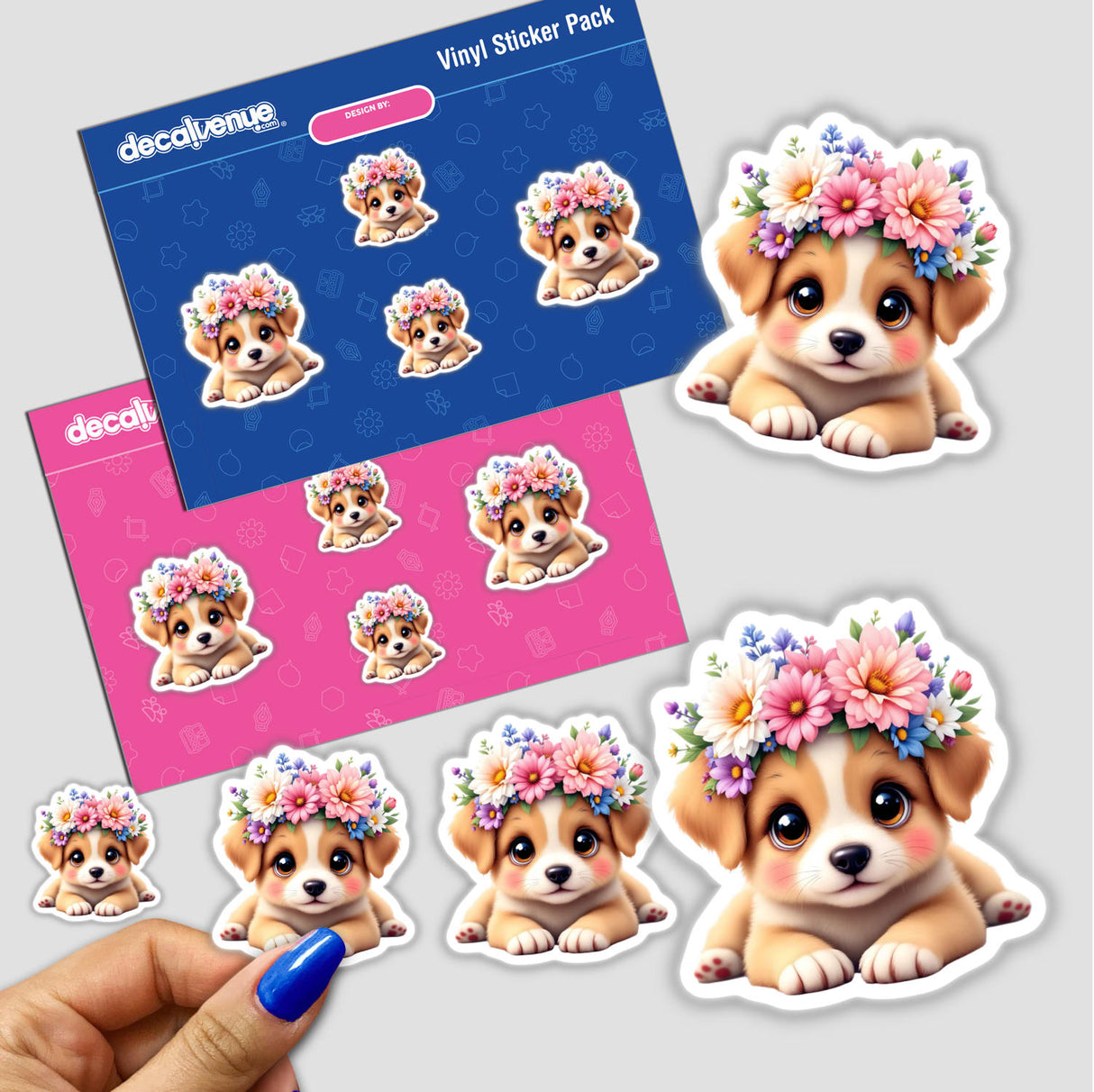 Playful Puppy with a Springtime Flower Crown stickers featuring cartoon dogs adorned with floral crowns, captured alongside a close-up of a person's finger showcasing the sticker's size.