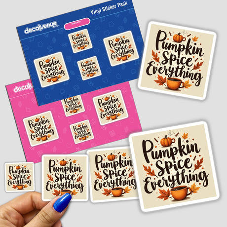 Pumpkin Spice Everything fall-themed sticker pack held in a hand, featuring cozy autumn clipart. Available as stickers or digital artwork with commercial rights from Decal Venue.