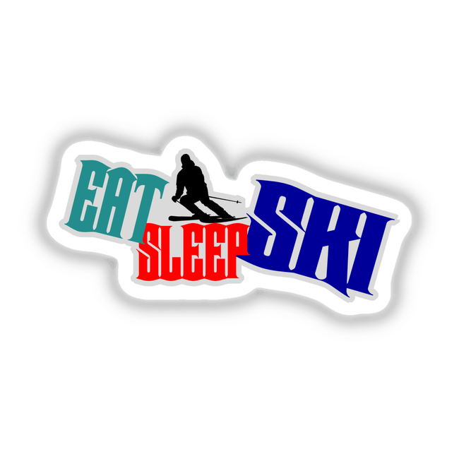 Eat, Sleep, Ski decal featuring a silhouette of a person skiing, integrated into a logo design. Available as stickers or digital artwork, perfect for ski enthusiasts and sticker collectors.