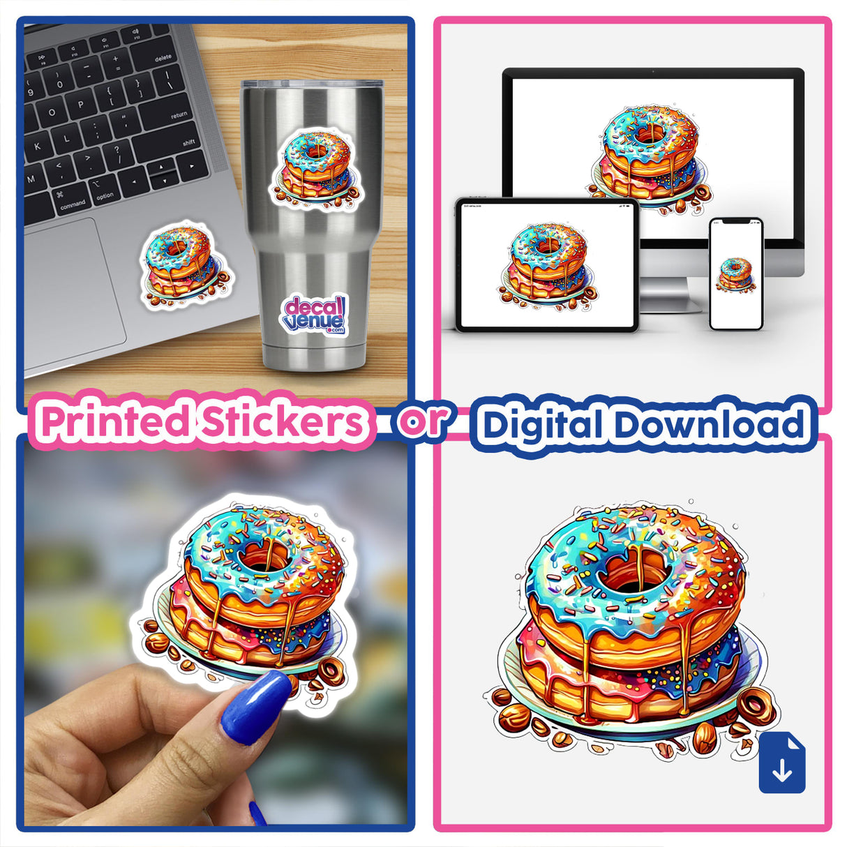 Colorful stacked donuts with sprinkles displayed on various merchandise including a laptop, phone, and as a physical sticker.