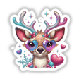 Rainbow Glittered Reindeer cartoon with heart-shaped sunglasses and reindeer antlers, available as stickers or digital artwork, showcasing Decal Venue's unique design style.