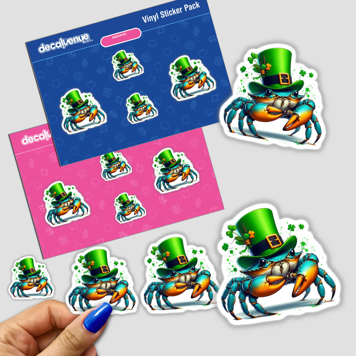 Irish Leprechaun Blue Crab sticker featuring a cartoon crab wearing a green hat. Available in a pack with various playful crab designs. Ideal for vinyl sticker enthusiasts or digital art collectors.