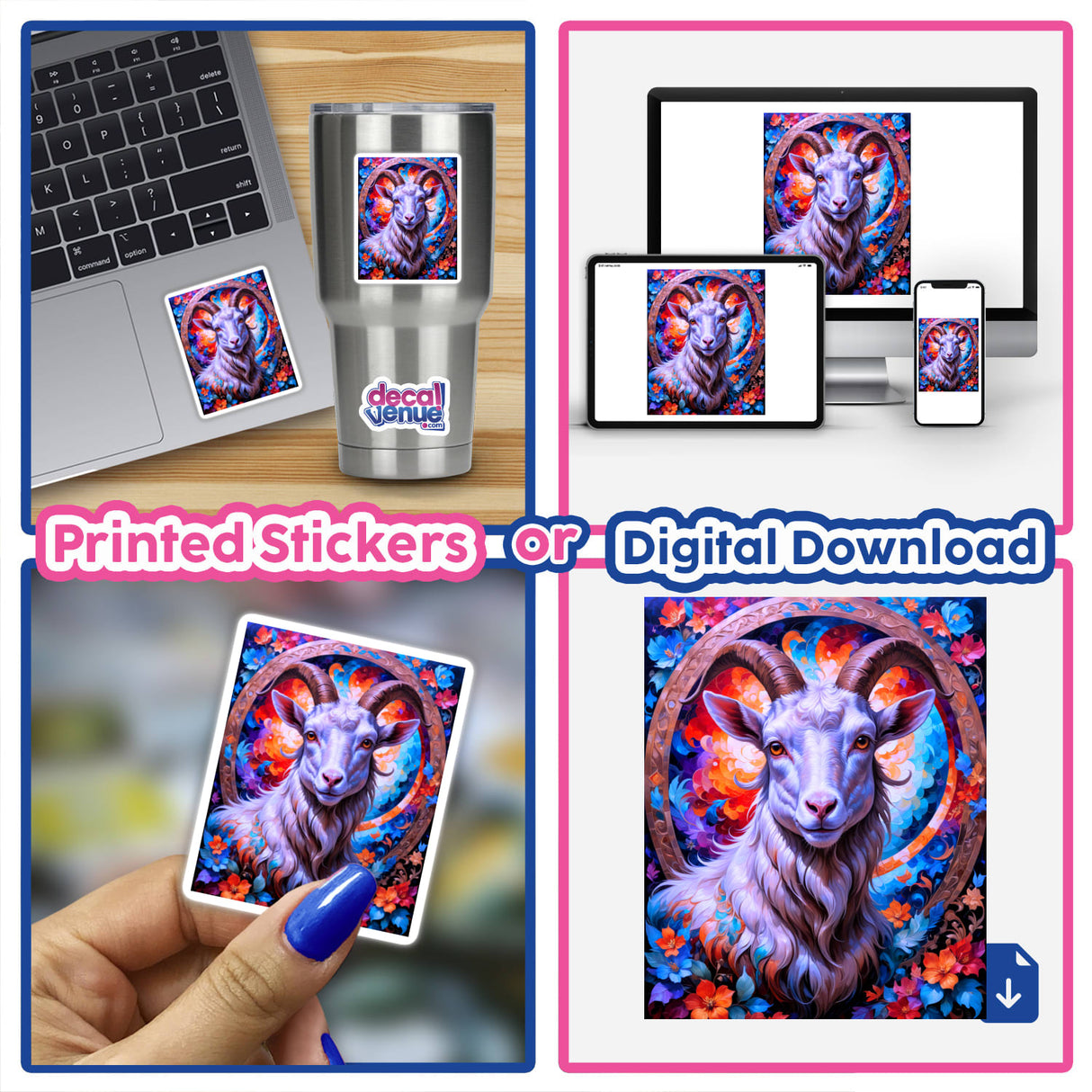 A collage featuring A Cute Goat With Blooming Flowers on a laptop screen, highlighting digital artwork elements, ideal for stickers or digital download from Decal Venue.