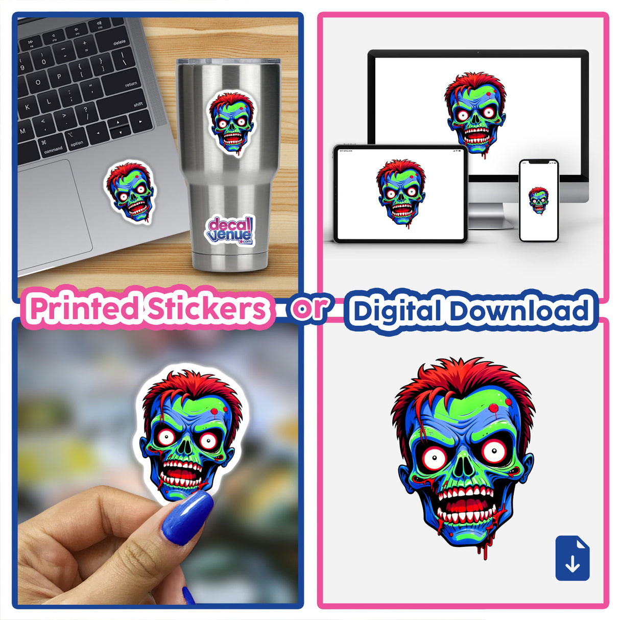 Collage image featuring A Cool Neon Punk Zombie Skull sticker available on a laptop, cup, and as digital artwork, showcasing its quirky, cartoonish zombie head design.