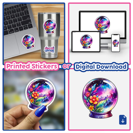 Galaxy Landscape in a Crystal Ball: Cosmic Sticker Design featuring a collage of laptops, close-up finger, and colorful flower painting in a glass ball, highlighting its intricate digital artwork.