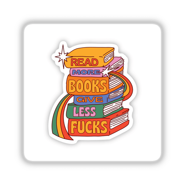 Read More Books Give Less Fu**s sticker featuring a stack of illustrated books, available as a vinyl sticker or digital artwork from Decal Venue.