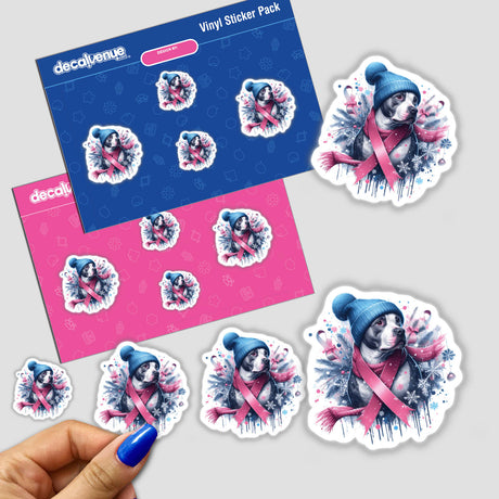 Pitbull Dog Wearing Breast Cancer Pink Ribbon sticker, featuring a cartoon dog with a hat and scarf. Available as stickers or digital artwork, highlighting Decal Venue's unique sticker collection.