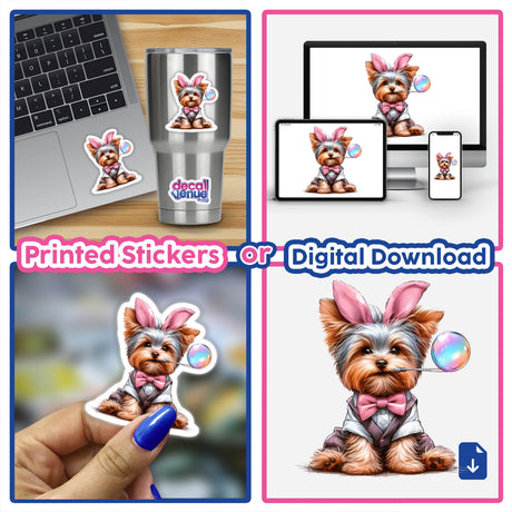 Bunny Ears Yorkie Dog Holding Bubble sticker collage featuring a cartoon Yorkie with pink ears and a bubble wand, showcased on various items like a laptop and a cup. Available at Decal Venue.