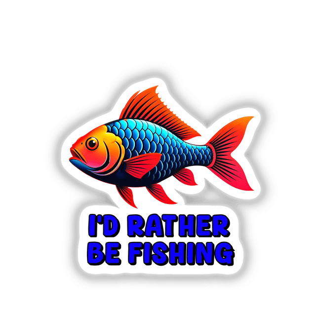 I'd Rather Be Fishing sticker featuring a vibrant, colorful fish with a prominent tail, designed against a dark backdrop, available as a sticker or digital artwork from Decal Venue.