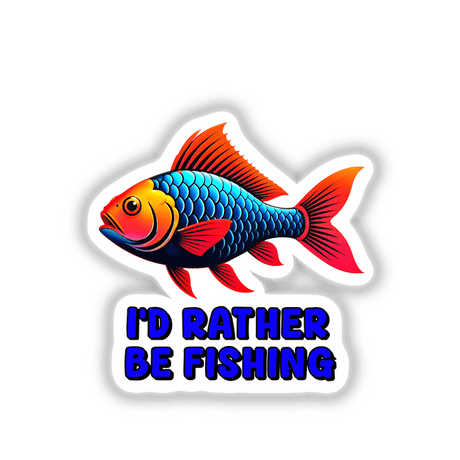 I'd Rather Be Fishing sticker featuring a vibrant, colorful fish with a prominent tail, designed against a dark backdrop, available as a sticker or digital artwork from Decal Venue.