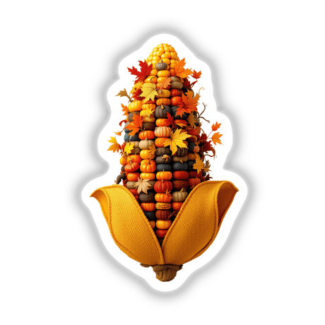 Thanksgiving Harvest Corn Knit Fabric Style featuring a creative corn design made from vegetables and leaves, available as stickers or digital artwork.