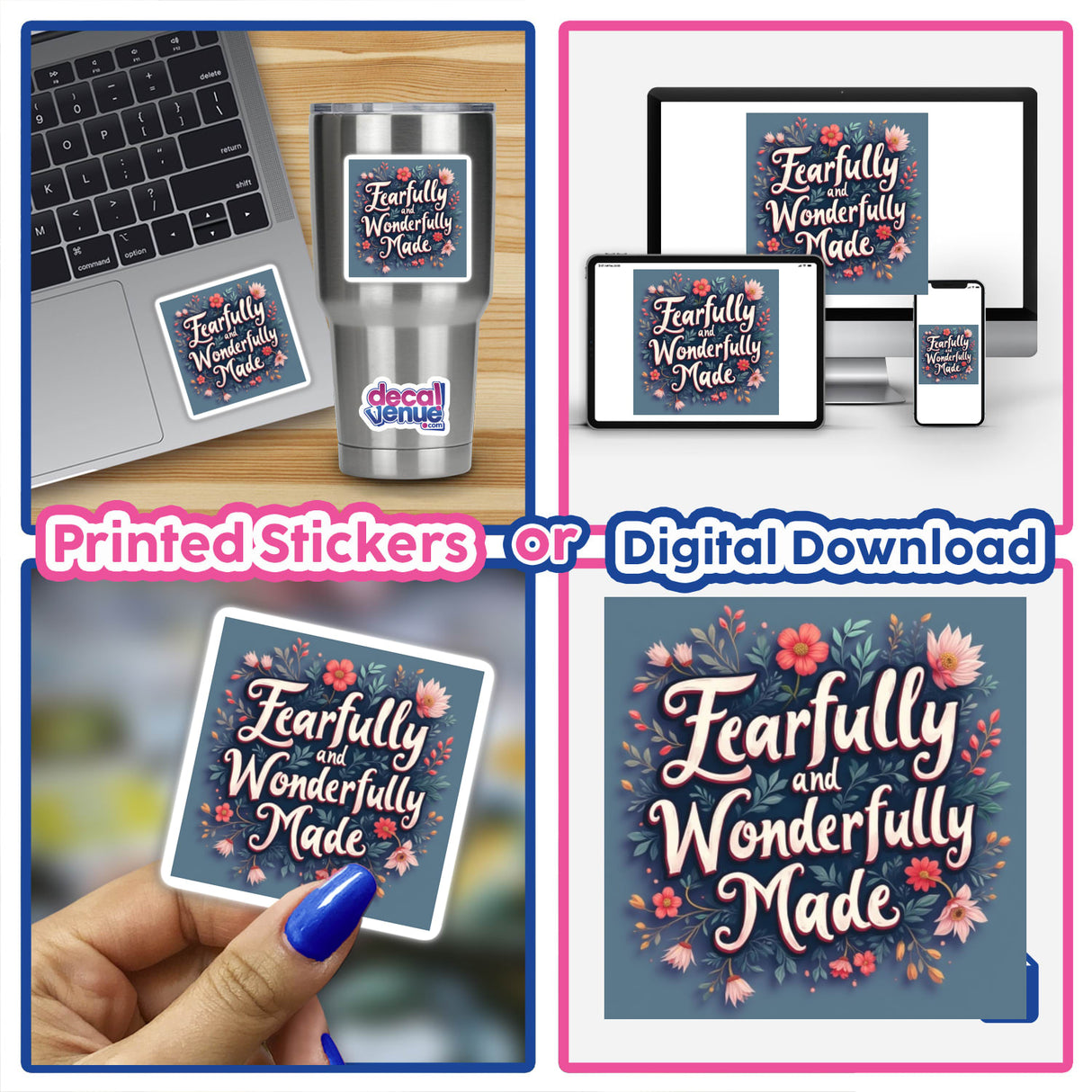 Fearfully and Wonderfully Made - Psalm 139:14 Christian Sticker prominently displayed on a laptop, showcasing its inspirational Bible verse design, available as both stickers and digital artwork.