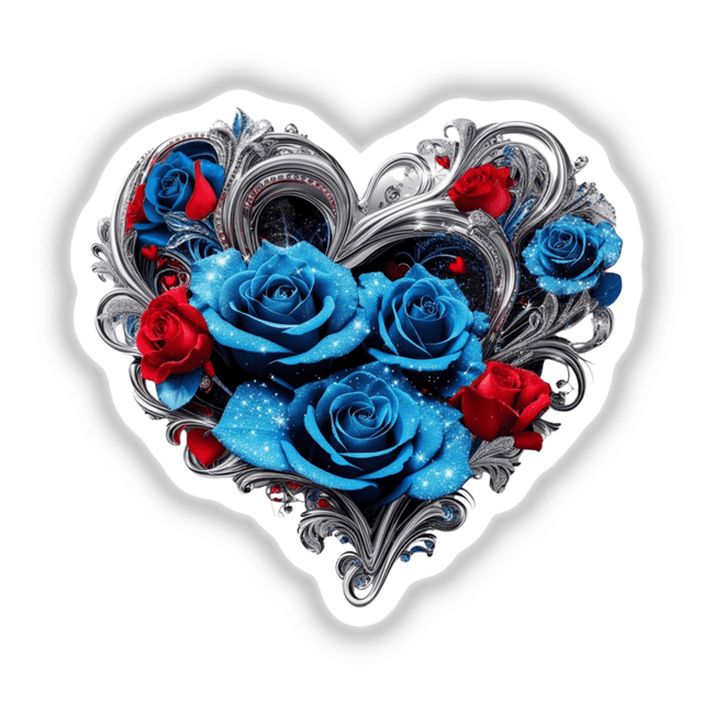 Sparkling Silver Heart With Blue And Red Roses: A heart-shaped arrangement featuring vibrant blue roses with glitter and bold red roses, available as vinyl stickers or digital artwork from Decal Venue.