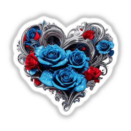 Sparkling Silver Heart With Blue And Red Roses: A heart-shaped arrangement featuring vibrant blue roses with glitter and bold red roses, available as vinyl stickers or digital artwork from Decal Venue.