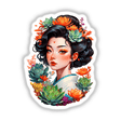 Asian Infusion Succulent Sticker features a woman's portrait adorned with flowers and succulents, blending botanical and artistic elements. Perfect for use as unique stickers or digital artwork.