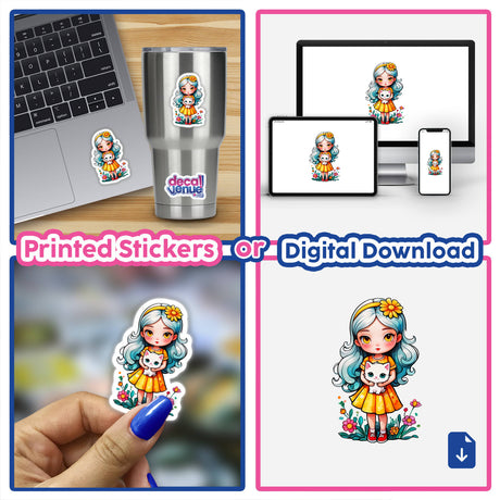 Cute Cartoon Girl Holding White Kitten on Flower Bed stickers or digital artwork, depicting a charming character cradling a kitten amidst flowers.