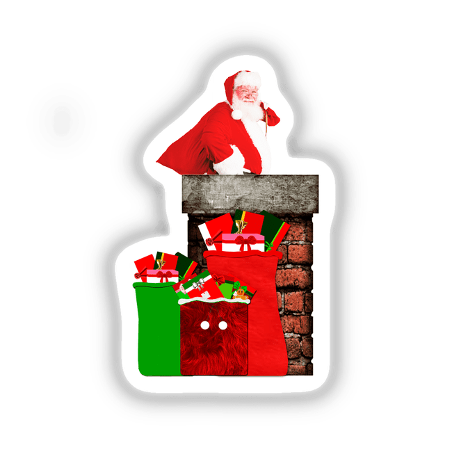 Santa on Rooftop with Gift Sacks by the Chimney, depicted in vibrant cartoon style, available as stickers or digital artwork.