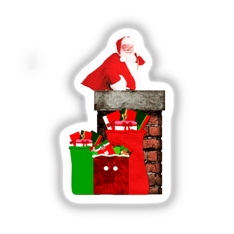 Santa on Rooftop with Gift Sacks by the Chimney, depicted in vibrant cartoon style, available as stickers or digital artwork.