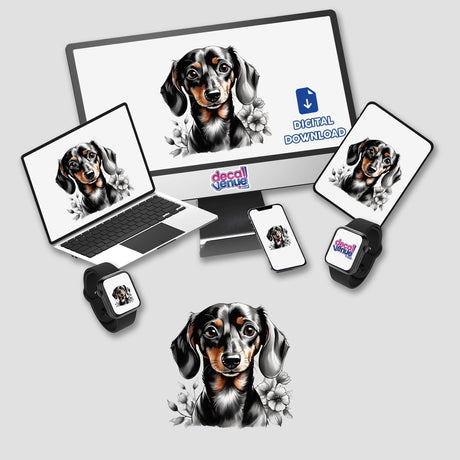 Dachshund Dog Portrait Floral Accents PA14 featured on a computer monitor and laptop screen, showcasing a digital artwork of a dachshund surrounded by flowers. Available as stickers or digital artwork.