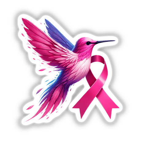 Hummingbird Pink Ribbon Breast Cancer Awareness sticker or digital artwork featuring a vibrant bird with a pink ribbon, symbolizing support and awareness.