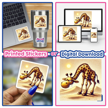 Grumpy Giraffe in the Desert: A collage featuring a sad giraffe, a cartoon giraffe bending over, and a hand holding a picture of a giraffe, available as stickers or digital artwork.