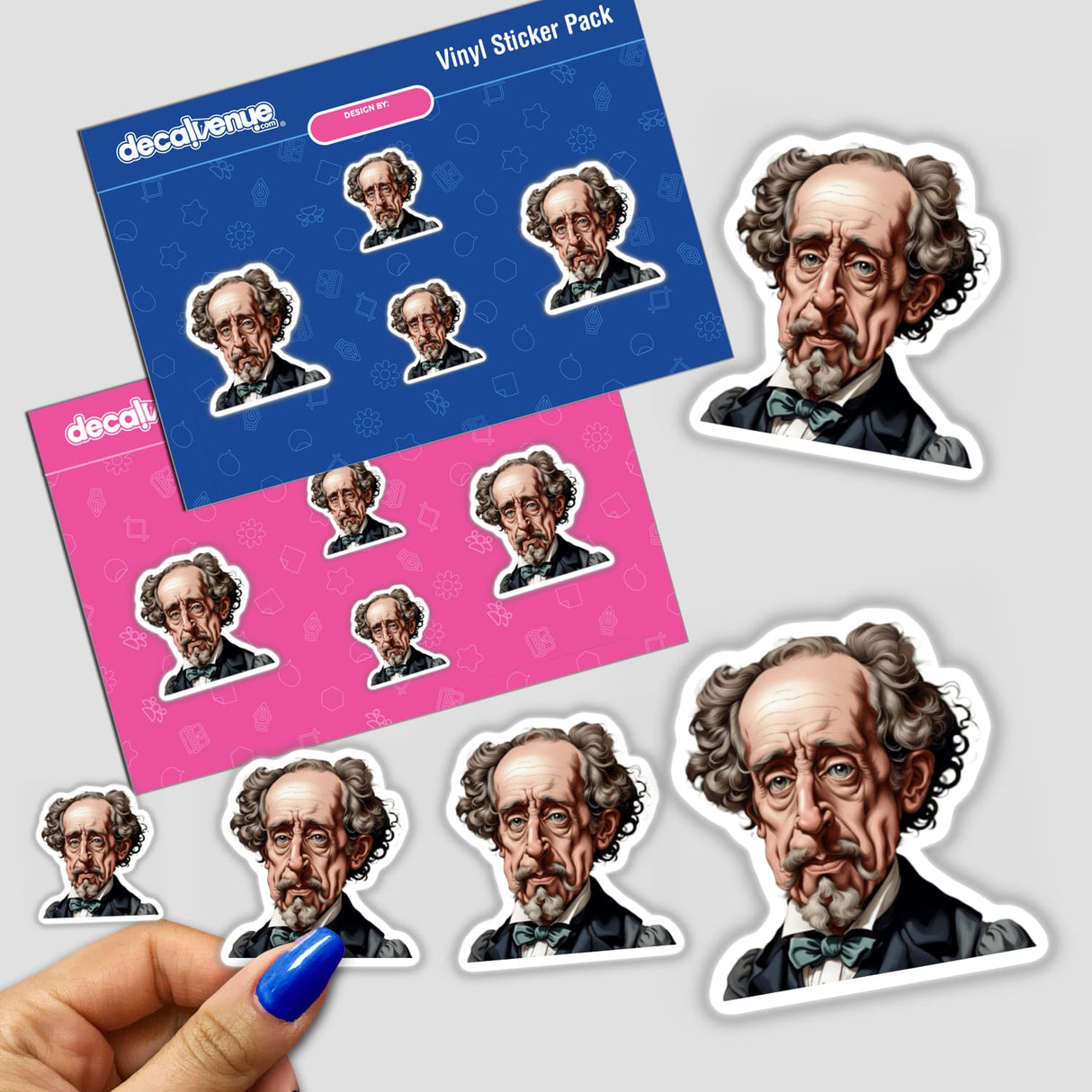 Hand holding Charles Dickens Caricature Clipart stickers, featuring various cartoon faces of the literary figure, available for commercial use as stickers or digital artwork.