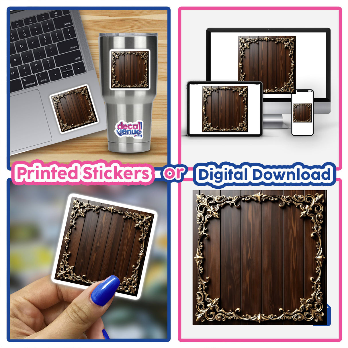 Collage of images featuring Art Nouveau Wooden Frame Clipart, including close-ups of wood panels, digital devices, and a hand holding the artwork. Digital download for inspirational quotes and social media with commercial rights.