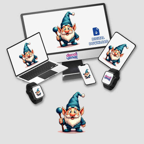 A Funny Magical Gnome cartoon displayed on a computer monitor and laptop, emphasizing its availability as stickers or digital artwork.