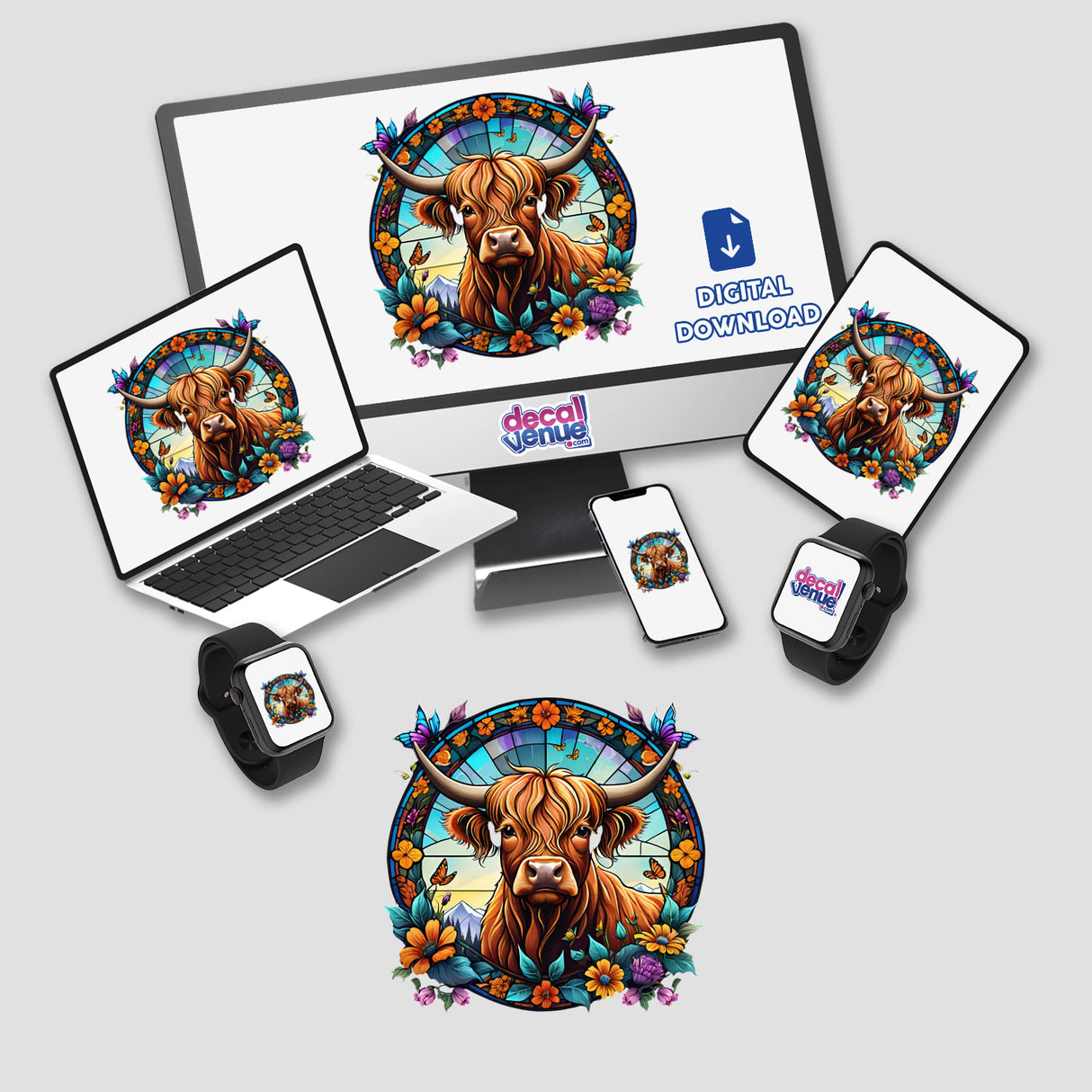 Detailed digital artwork of a Highland cow surrounded by colorful floral and butterfly design elements, displayed on various electronic devices representing a Decal Venue product.