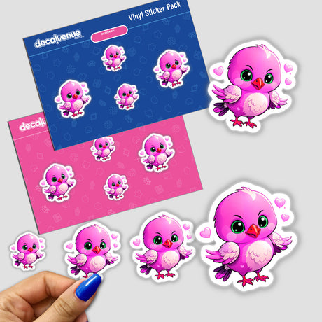 A Cute Little Bird With Love Hearts sticker, featuring pink cartoon birds adorned with hearts, available as both stickers and digital artwork. Ideal for adding charm to any surface.