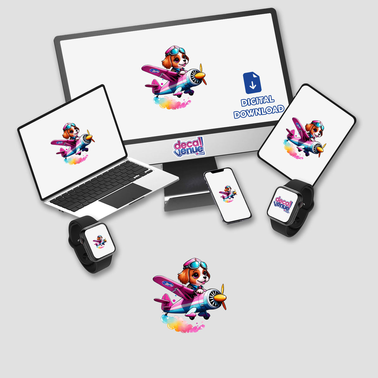 Cute Dog in a Pink Vintage Plane: Sticker Design displayed on computer and laptop screens, featuring a cartoon dog flying an old-fashioned plane. Available as stickers or digital artwork.