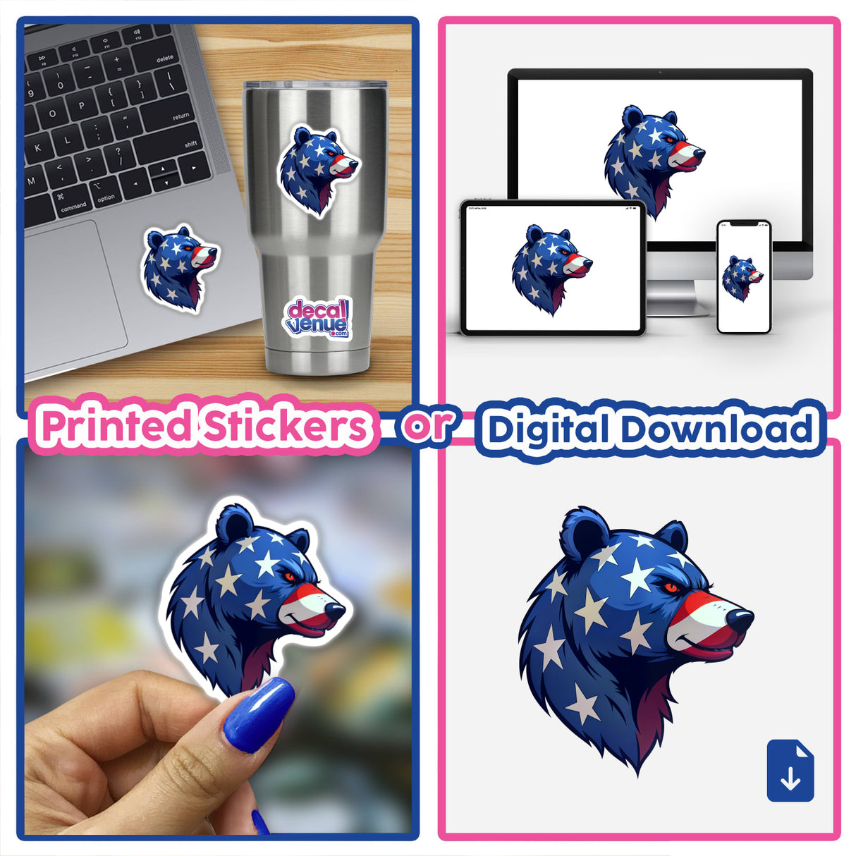 A Cool American Flag Bear sticker collage showing various uses, including on a laptop and cup, highlighted by a close-up of a hand holding the bear design.