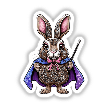 Magical Rabbit with Ornate Patterns and Wizard Accessories, featuring a cartoon rabbit with a cape and wand, available as stickers or digital artwork from Decal Venue.