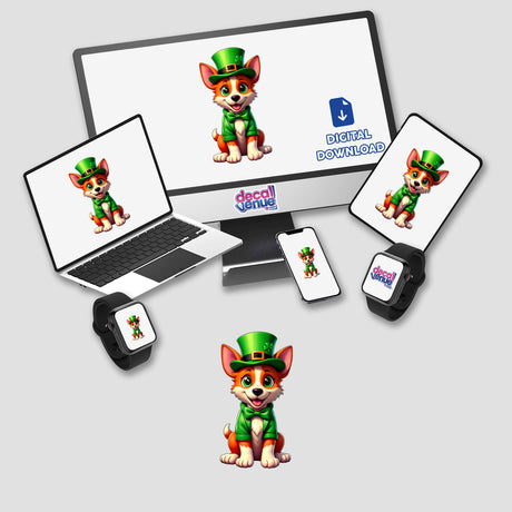 St. Patrick's Day Puppy sticker features a cartoon dog wearing a green hat and jacket, displayed on a laptop and monitor, available as unique stickers or digital artwork from Decal Venue.