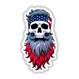 Skull illustration with a beard, wearing an American flag bandana. Available as stickers or digital artwork titled A Cool Skull With An American Flag Bandana from Decal Venue.