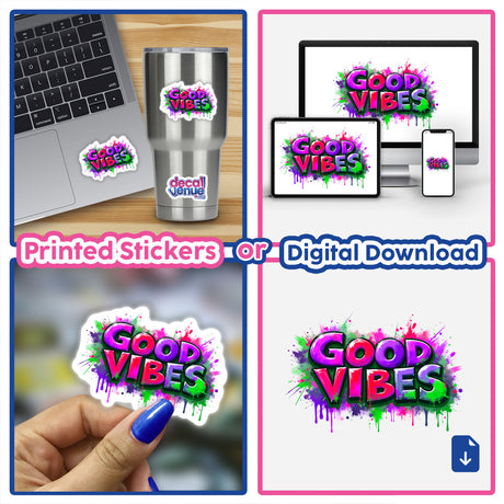 Good Vibes Graffiti Art collage featuring various stickers and a digital download, shown on a laptop keyboard and as a close-up on a hand with blue nail polish.