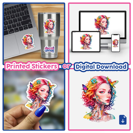 Futuristic Robotic Goddess Sticker Design: A collage featuring a laptop adorned with this divine, metallic aesthetic sticker depicting a woman with colorful hair and butterflies. Available as stickers or digital artwork.