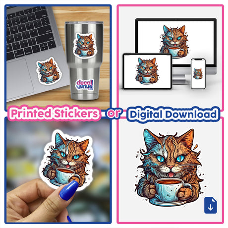 Vibrant digital artwork featuring an animated cat drinking coffee, displayed on various devices and products. The image showcases the versatility of this quirky and whimsical design, which can be used as printed stickers or as a downloadable digital file.