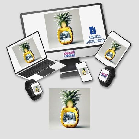 Computer monitor, laptop, tablet, and phone screens displaying Winter Wonderland- Snow Covered Mountain Inside a Pineapple artwork. Available as stickers or digital artwork from Decal Venue.