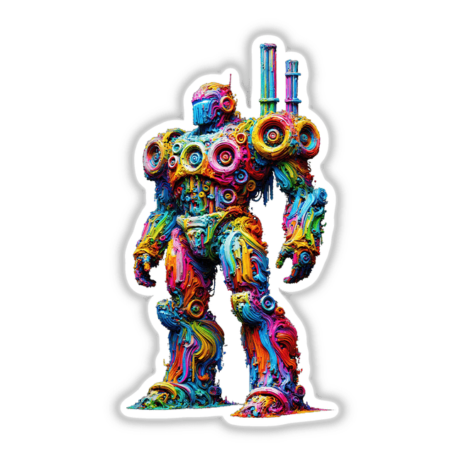 Neon Impasto Mech – Psychedelic Abstract Robot, showcasing intricate, vibrant designs available as unique stickers or digital artwork from Decal Venue, known for its distinctive art offerings.