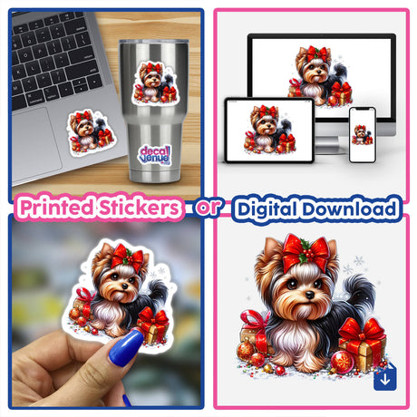 Christmas Yorkie Dog II sticker collage featuring a Yorkie with a bow, shown on various surfaces like a laptop and cup, available as stickers or digital artwork.