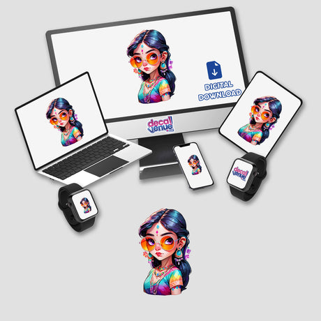 Indian Girl with Colorful Sunglasses: Sticker Illustration showcasing a cartoon girl with big glasses on a computer monitor and laptop screen. Available as stickers or digital artwork.