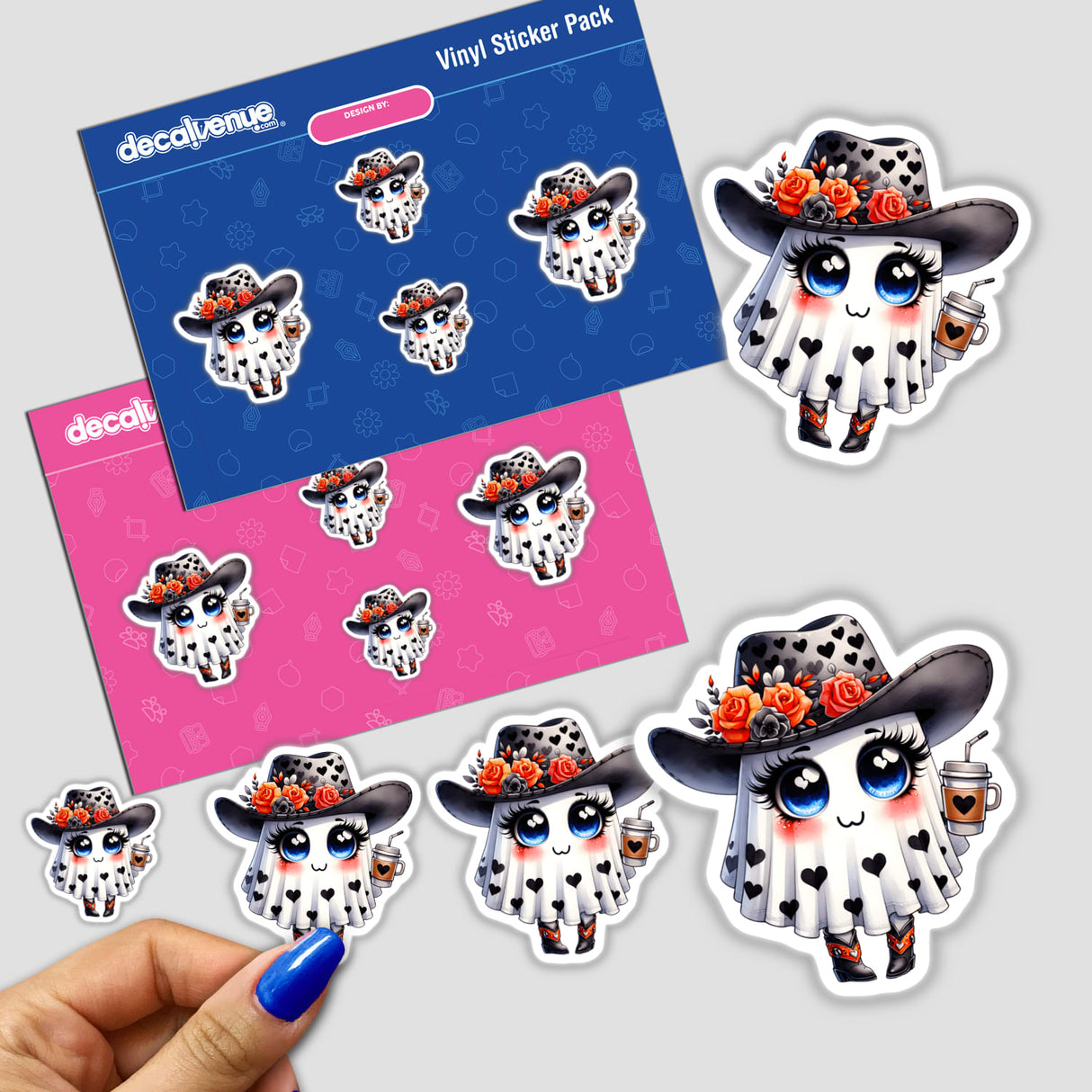 Sticker featuring a Halloween ghost with a cowboy hat, drinking coffee.