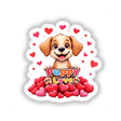 Cartoon dog surrounded by hearts, titled Puppy Love, available as stickers or digital artwork from Decal Venue, showcasing unique vinyl stickers and digital art collection.