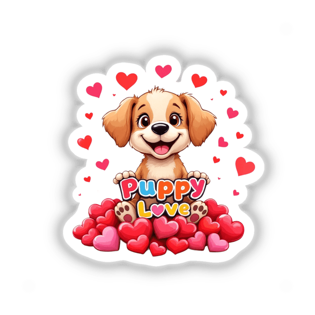 Cartoon dog surrounded by hearts, titled Puppy Love, available as stickers or digital artwork from Decal Venue, showcasing unique vinyl stickers and digital art collection.