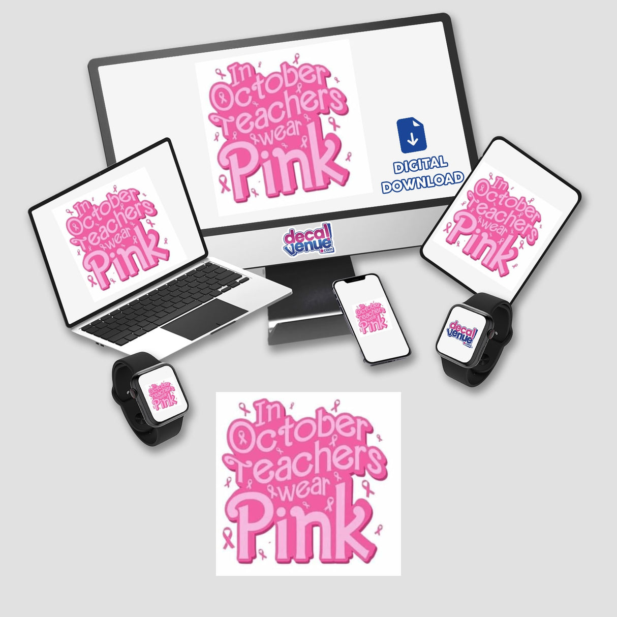 Gold Breast Cancer Series 1: A laptop and monitor display pink text and a pink ribbon, representing breast cancer awareness. Available as Stickers or Digital Artwork.