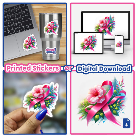 Blooming Flower with Breast Cancer Pink Ribbon: Collage of laptop with pink ribbon sticker, close-up of sticker with ribbon and flower, and hand holding similar sticker. Available as stickers or digital artwork.